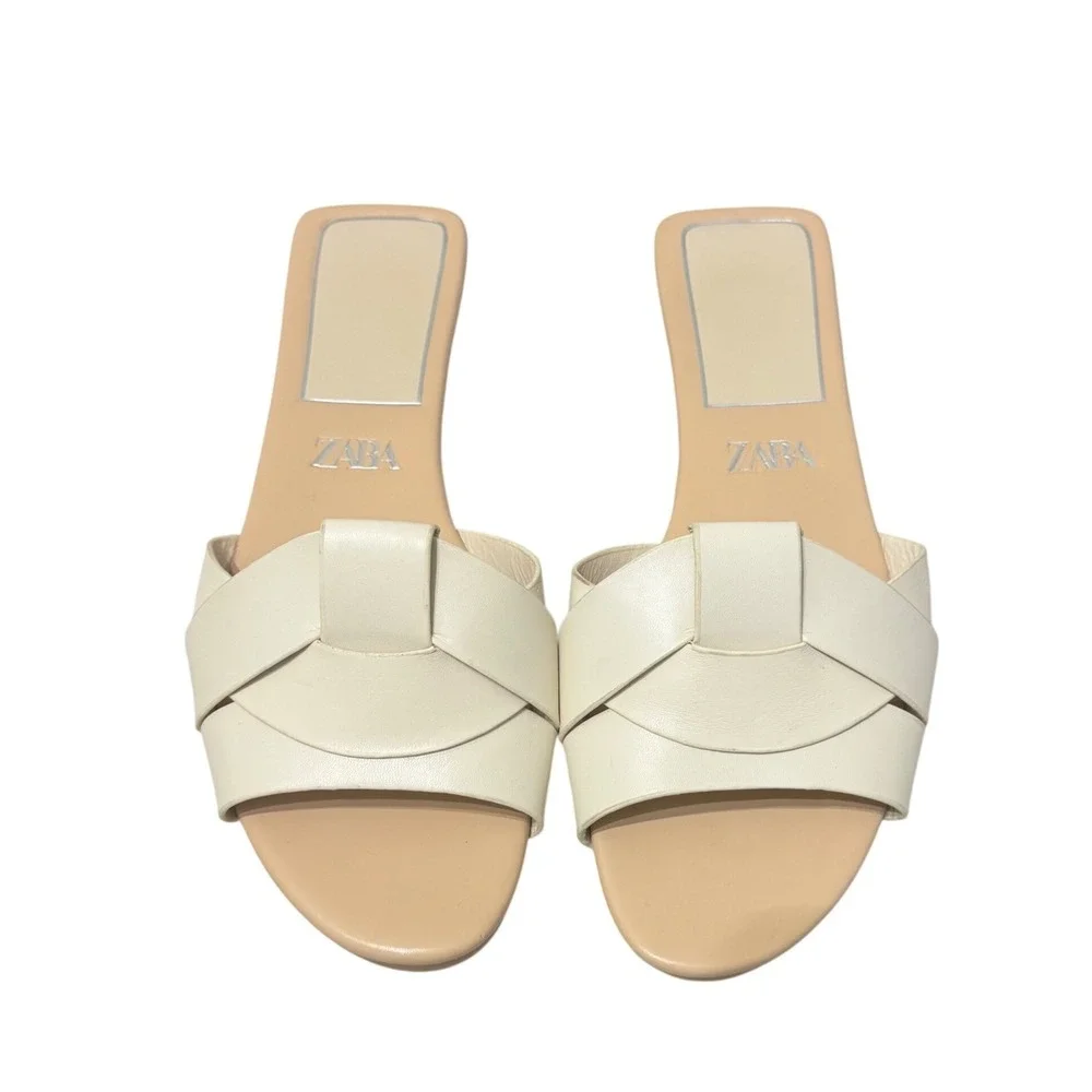 Zara Leather Crossed Strap Flat Sandals Womens 42 11 Off White  Slide - Picture 5 of 12